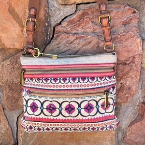 Fossil Explorer Crossbody Fabric & Leather Bag with Triple Zipper & Floral Print